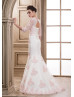 Elbow Sleeves Rose Pink Lace Tulle Wedding Dress
